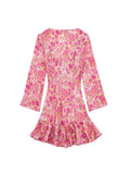 Gwmlk TRAF Pink Floral Dress Woman Ruffle Mini Dress Women Tied Long Sleeve Short Dresses For Women 2023 Elegant Party Dresses