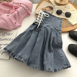 Gwmlk Lace Up High Waist A-Line Women Skirts Y2K Anti-Glare Denim Pleated Skirt Ladies All-Match College Style Mini Skirt Girl