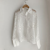 Gwmlk Lace White Blouse Women Hollow Out Flower Embroidery Shirt Sexy See Through Turn Down Collar Long Sleeve Top Blusa 13369