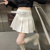 Gwmlk Korean Fashion with Belt Pleated Skirts Women All-Match Pink High Waist Mini Skirts 2023 New Street Plaid Skirts Woman