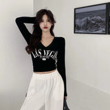 Gwmlk Harajuku Letter Printing Crop Tops Women Korean V-Neck Long Sleeve White T Shirts Woman Sexy Slim Fit Y2K Short Tees