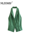 Gwmlk TRAF Summer Fashion Sexy Women Green Vest Women Halter Sleeveless Backless Top Female Y2K Tanks