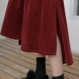 Gwmlk Vintage Wine Red Corduroy Skirt Women Autumn Winter Irregular Midi Skirts Female High Waist Long A-line Pleated Skirt