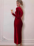 gwmlk Women Elegant Long Sleeve Party Evening Velvet Bodycon Split Pencil Midi Dress 2023 Spring Autumn Clothes