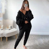 gwmlk Women Knitting Two Pieces Sweater Suit Hemp Flower V-Neck Single-Breasted Cardigan + Pants Lady Winter Casual Sweater Set