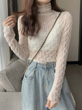 gwmlk Women Lace Mesh High Collar Bottom T-shirts Female Long Sleeve Autumn Casual Style Tight Thin Tops T-shirts Women Clothes