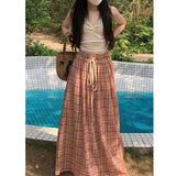 Gwmlk Vintage Y2K Plaid Skirts Women Harajuku Streetwear Drawstring Long Skirt Woman Summer Elastic High Waist A-Line Skirts