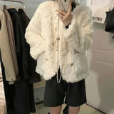 Gwmlk Fashion Faux Rabbit Fur Women Jackets Autumn Winter Double-Breasted Thicken Warm Outerwear Korean O-Neck Faux Fur Coat