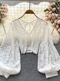 gwmlk Black/White/Brown Sexy Lace Blouse Women Elegant V-Neck Puff Long Sleeve Open Back Short Tops Female Party Blusas 2023