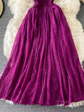 gwmlk Purple/Green/Red Lace Midi Dress Women Sweet Round Neck Ruffle Vestidos Female High Waist Slim Robe Spring Autumn 2023