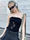 gwmlk Y2K Bandage Buckle Corset Top Black Punk Grunge Crop Top Gothic Retro Streetwear Mini Vest Women Fashion Sweats 90s