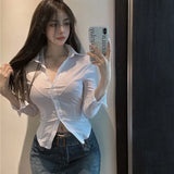 Gwmlk White Jk Uniform Shirts Women Sexy Skinny Single-Breasted Thin Blouses Woman Korean Summer Long Sleeve Cropped Shirt