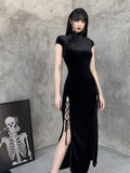 gwmlk Gothic Velvet Aesthetic Dresses Vintage Women Black Bandage SlitHem Bodycon Dress Sexy Evening Wear Cheongsam