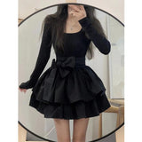 Gwmlk Black Knitted Women's Dress Party Bodycon Tunic Fluffy Korean Fashion Harajuku Long Sleeve Mini Dresses Summer Aesthetic