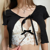 gwmlk y2k Lace Bow Crop Top Tie Up Cute T Shirt Women Knitted Short Sleeve Summer Korean Chic Tee Harajuku Basic Casual 90s