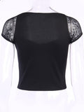 gwmlk Tops Goth T-shirt Women Bodycon Bandage Lace Black T-shirts Gothic Streetwear Sexy Female Top Casual Mesh Tee