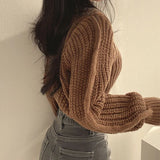 Gwmlk Women Sweaters and Pullovers Autumn Winter Short Hollow Out Knitted Sweater Female Solid Casual Long Sleeved Jumper Top