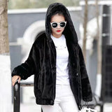 Gwmlk Black Gray Faux Rabbit Fur Coat Women Korean Casual Loose Hoodies Jacket Female 2023 Winter Thick Warm Furry Overcoat