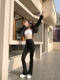 gwmlk Women Shark Flared Pants Black Elastic Slim High Waist Sexy Horseshoe Pants Micro Casual Fashion Flare Trousers