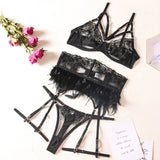 Gwmlk Sexy Lingerie Feathers Underwear Exotic Sets with Garters Sensual Lace Underwire Bra Breves Set Short Skin Care Kits