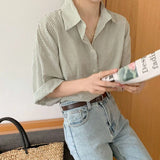 Gwmlk Vintage Turn-Down Collar Shirts Women 2023 Summer Striped Casual Baggy Blouse Woman Korean All-Match Soft Simple Shirt