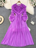 gwmlk Vintage Women Pleated Party Long Dress Elegant Round Neck Lantern Sleeve High Waist Ruffle Draped Maxi Vestidos Female