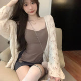 Gwmlk Autumn Thin Hollow Out Knitted Cardigan Women Sexy Long Sleeve Shawl Button Sweater Woman Casual Sun Protection Outwear