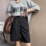 Gwmlk Korean Office Suits Shorts for Women Fashion Double-buttons High Waist Knee-length Pants Woman 2023 Summer Casual Short