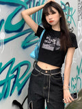 gwmlk Black Goth Harajuku Vintage Grunge Graphic Slim Short Crop Top Streetwear Sexy Summer Harajuku Y2K Punk Casual Women T-Shirt