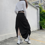 Gwmlk Streetwear Women Long Skirt with Adjustable Drawstring Solid Color Casual Style Loose Summer Clothing