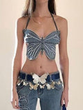 gwmlk y2k Butterfly Jeans Crop Top Backless Strap Camis Sexy Blue Cute Party Sweats Women Beach Holiday Mini Vest Summer Tee