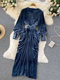 gwmlk Women Blue Draped Velvet Long Dress Elegant V-Neck Lantern Sleeve High Waist Party Robe Female Autumn Winter 2023 New Fashion