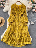 gwmlk Autumn Women Lace Midi Dress Vintage Round Neck Lantern Long Sleeve High Waist A-Line Elegant Party Robe New Fashion 2023