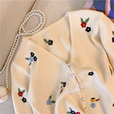 Gwmlk Spring Autumn White Sweet Pink Flower Embroidery Women Cute Knitted Cardigan V-neck Tops Chic Single-breasted Sweaters