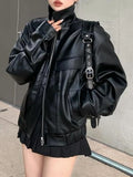 Gwmlk Punk Black Leather Jacket Women Winter Warm Thick Zipper Moto Biker Leather Jacket Casual High Street Leather Coat