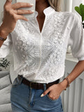 Gwmlk Floral Embroidery Lace Blouse Women Hollow-out Stand Collar V Neck Casual Shirt Elegant Short Sleeve Cotton Tops 24350