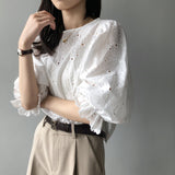 Gwmlk Summer Elegant Ruffles Blouse Hollow Out Shirt 3/4 Sleeve O-Neck Embroidery Floral Tops Female Fashion Casual Shirt