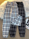 gwmlk Women New Bunch of feet Fashion Loose Black Plaid Summer Harajuku Students Streetwear Harem Long Trousers Womens Chic