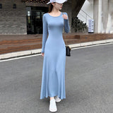 Gwmlk Spring Autumn Long Sleeve Dress Women Korean Style Slim Fit O-Neck Maxi Dress Ladies Basic Solid Sexy Bodycon Dresses