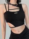 gwmlk Women Hollow Out Black Y2K Tees Sleeveless Skinny Tops Cool Punk T-shirts Techwear 2023 Spring Summer New Sexy Crop Top