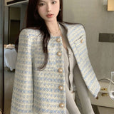 Gwmlk Korean Style Blue Tweed Jacket Women Elegant and Chic Oversize Short Jackets Streetwear Fashion New In Coats Aesthetic