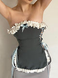 gwmlk Y2K Ruffles Corset Top Lace Up Backless Strapless Baletcore French Cute Mini Vest Women Chic Beach Fairycore Crop Top