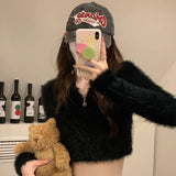 Gwmlk Soft Short Knitted Cardigan Women Korean Zipper Faux Mink Cashmere Sweaters Ladies Fall Winter Long Sleeve Y2K Crop Top