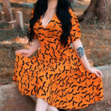 Gwmlk Orange Deep V-neck Fairy Grunge Dress Women Mall Gothic Aesthetics Elegant Bat Pattern Split Sexy Dress