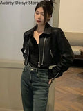 Gwmlk Black Cropped Leather Jacket Women Streetwear Zipper Moto Leather Jacket High Street Vintage Soft Faux Leather Coats 2023