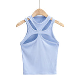 gwmlk New Asymmetrical Hollow Solid Color Knitted Round Neck Short-sleeved Summer Sexy Vest on The Chest