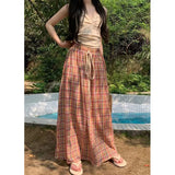 Gwmlk Vintage Y2K Plaid Skirts Women Harajuku Streetwear Drawstring Long Skirt Woman Summer Elastic High Waist A-Line Skirts