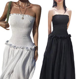 Gwmlk Women Summer Off Shoulder Ruched Bust Ruffle Trim Tube Top Dress  Ruched Frills Strapless Sleeveless Party Long Dress