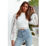 Gwmlk Long Sleeve Lace Blouse Women Tops Casual White Crochet Hollow Out Cropped Women's Shirt Turtleneck Female Blusas 16296