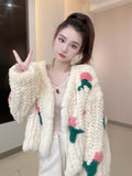 Gwmlk Winter Coats Autumn Korean Fashion Fake Rabbit Fur Knitted Embroidery Cardigan Loose Casual Jacket Women Clothing